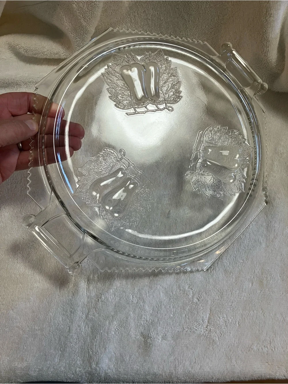 vintage Jeannette Glass Baltimore Pear handled cake plate embossed pears